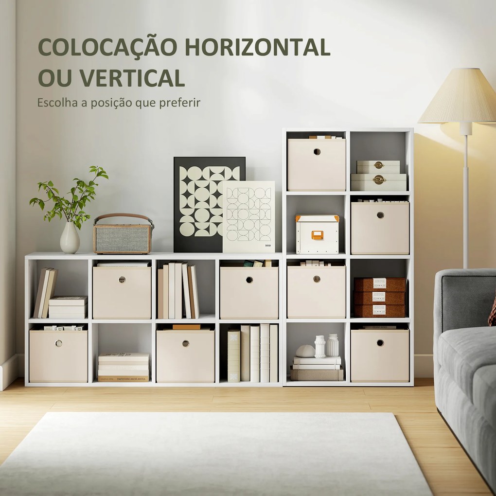 Estante Cubo Estante de Armazenamento Horizontal ou Vertical com 8 Compartimentos e 4 Gavetas de Tecido 53,7x30x79,8 cm Branco e Bege