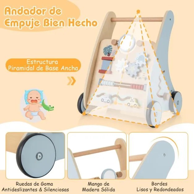 Andador de madeira para bebés com centro de aprendizagem Actividades múltiplas com arrumação 35 x 31 x 46 cm Azul