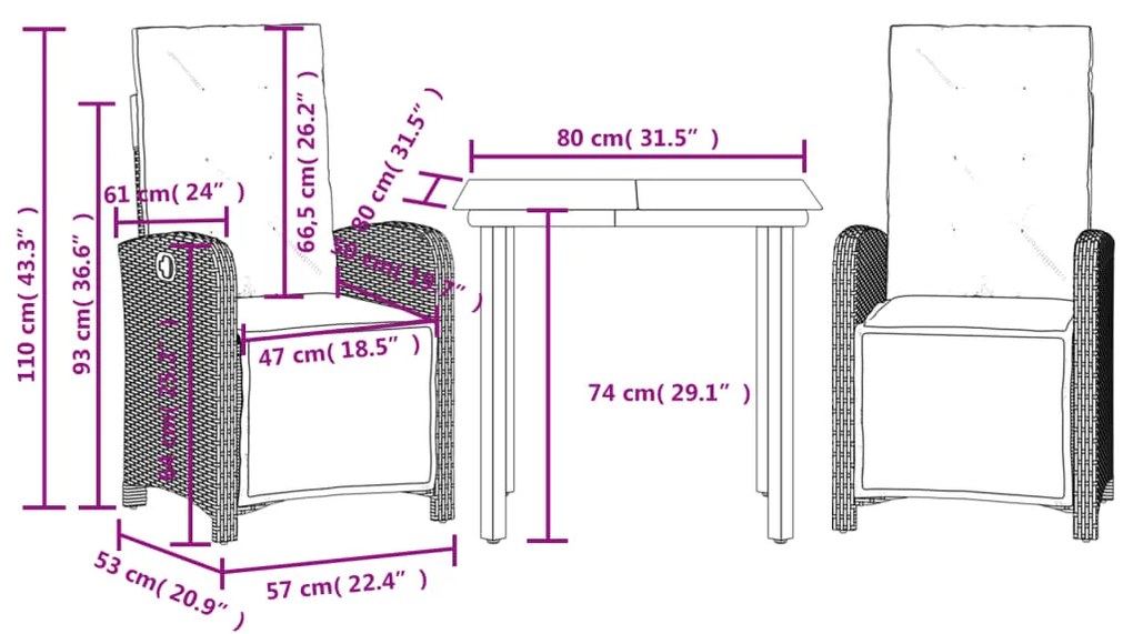 3 pcs conjunto bistrô com almofadões vime PE cinza