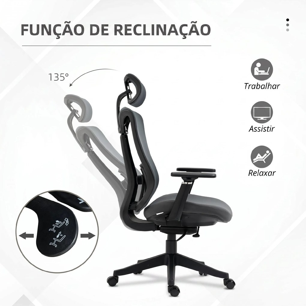 Cadeira de Escritório em Malha com Apoio de Cabeça Ajustável Apoio Lombar e Apoios de Braços 3D 70x66x128 cm Cinza