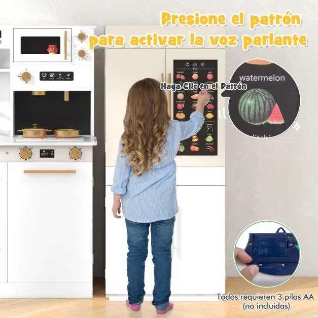 Cozinha brincar para crianças 60 x 31 x 95 cm de 2 peças com fogão, frigorífico e cartaz interativo com luzes e sons para maiores de 3 anos Branco