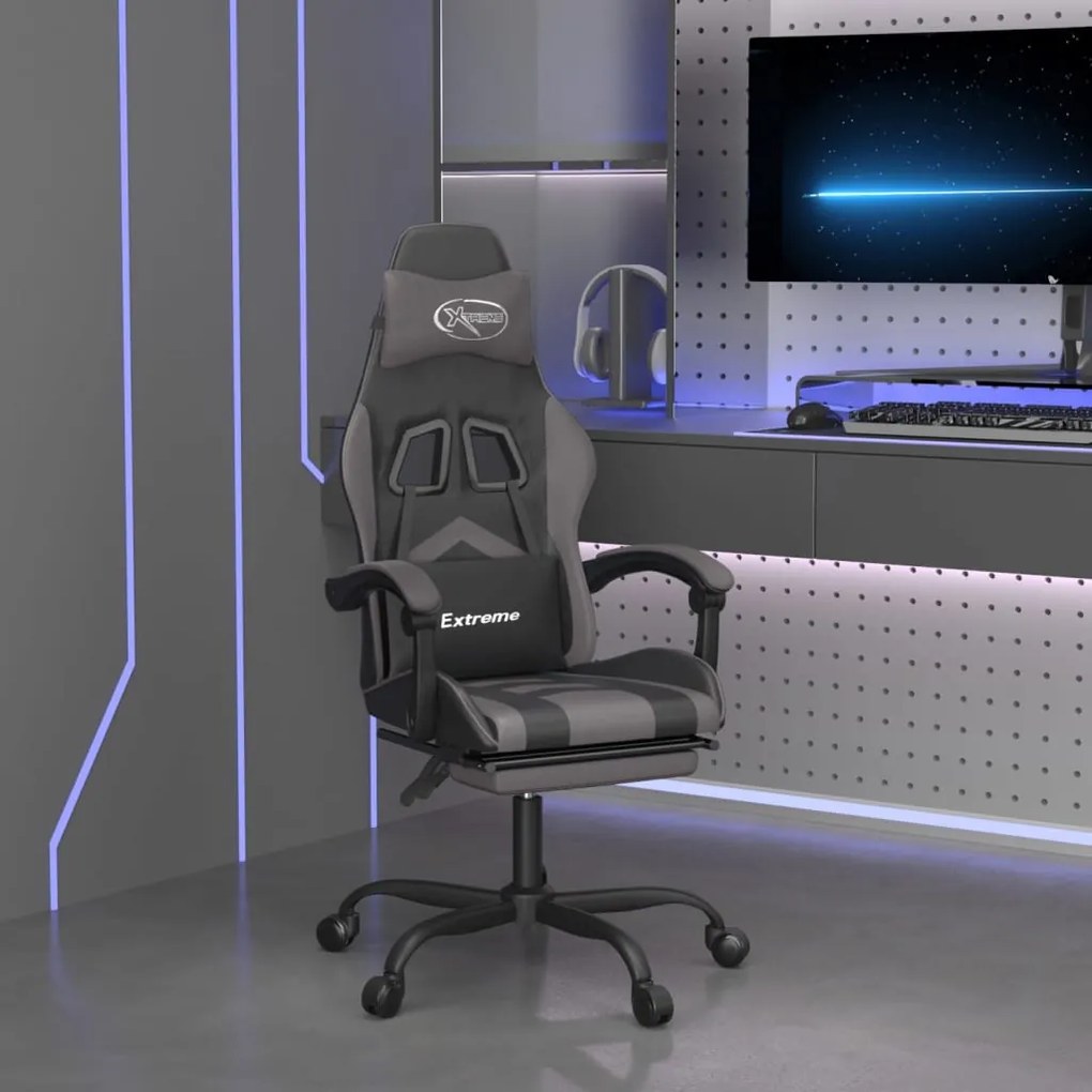 vidaXL Cadeira gaming c/ apoio pés couro artificial preto e cinza