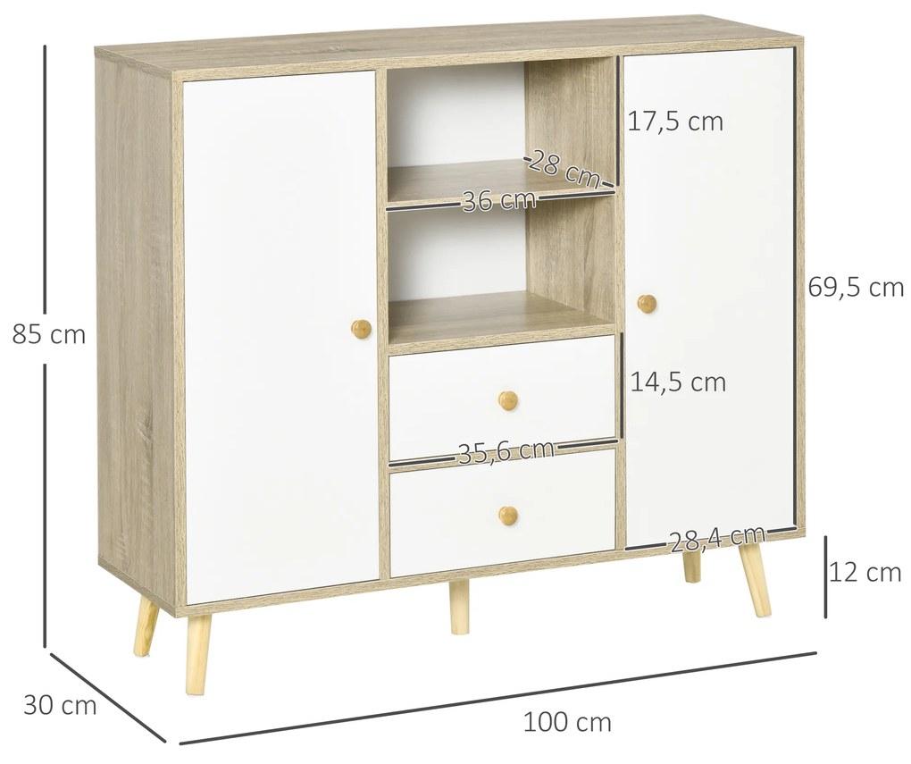 HOMCOM Aparador de Sala de Estar com 2 Portas 2 Gavetas e 2 Prateleiras Abertas Móvel Auxiliar de Armazenamento para Cozinha Entrada 100x30x85cm Branco e Natural
