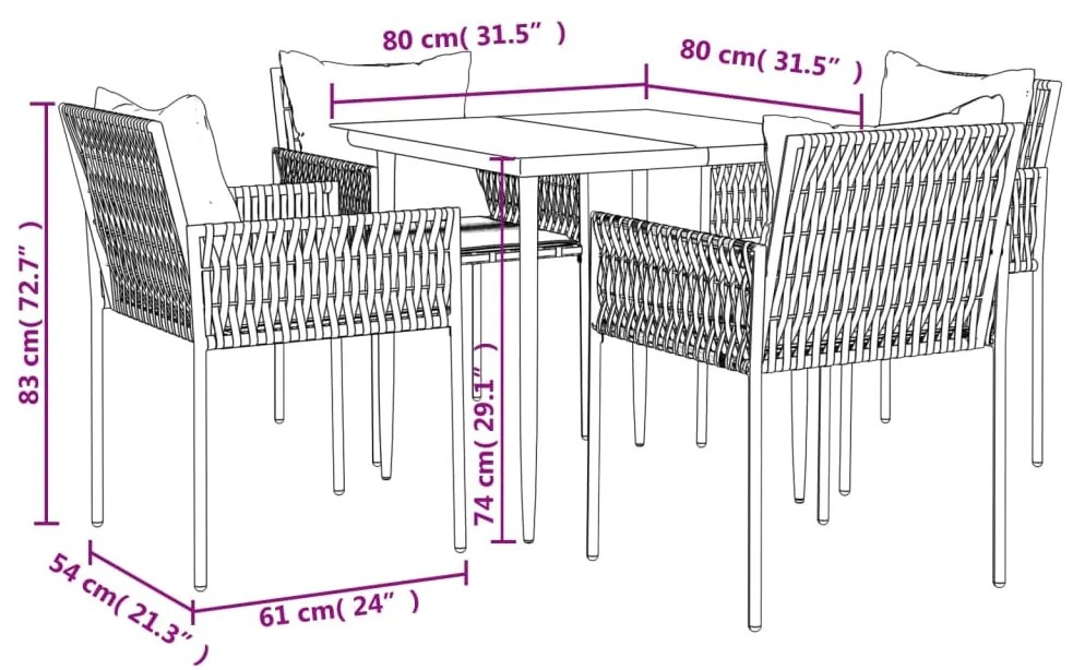 5 pcs conjunto de jantar p/ jardim c/ almofadões vime PE e aço