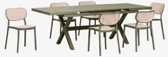 Conjunto De Mesa Retangular Extensível 180-240x90 Cm Em Alumínio Karena E 6 Cadeiras De Jardim Empilháveis Em Polipropileno Omar Verde Azeitona Intens