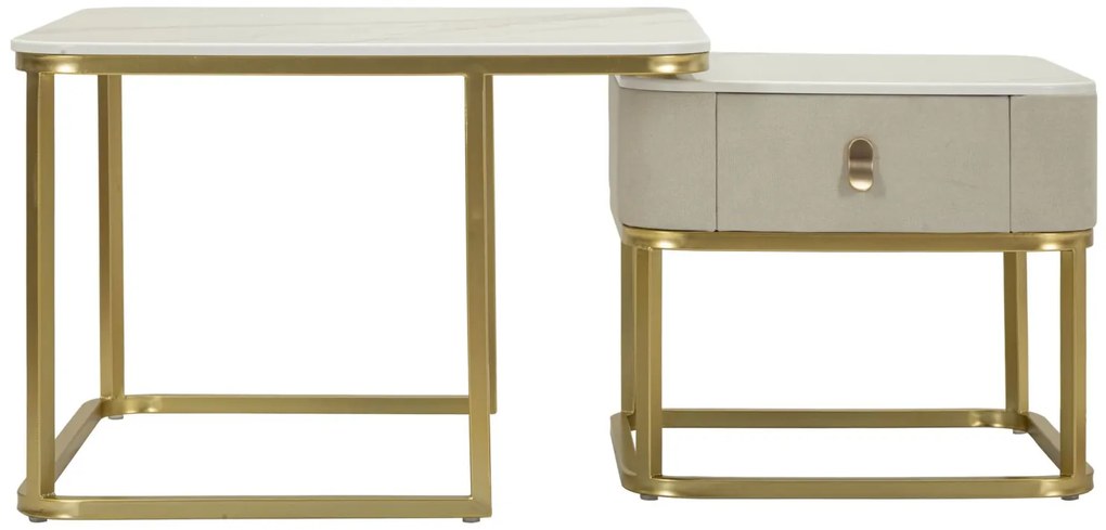 CONJUNTO DE MESAS DE CAFÉ BEAUTRY 2 PEÇAS CM 70X70X48-50X50X43,5 CREME E DOURADO