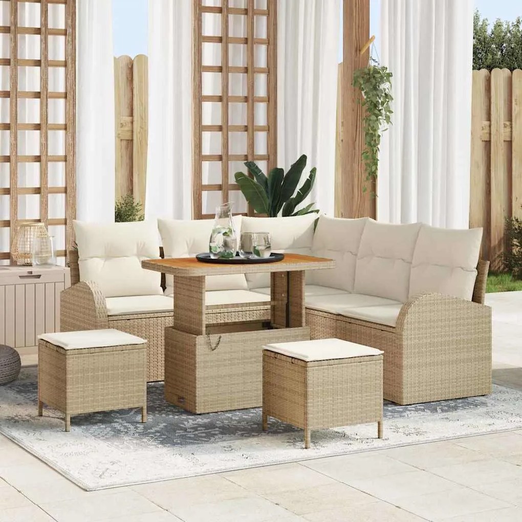 Conjunto de Sofá de Jardim de 8 Peças com Almofadas Bege Rattan Poliés