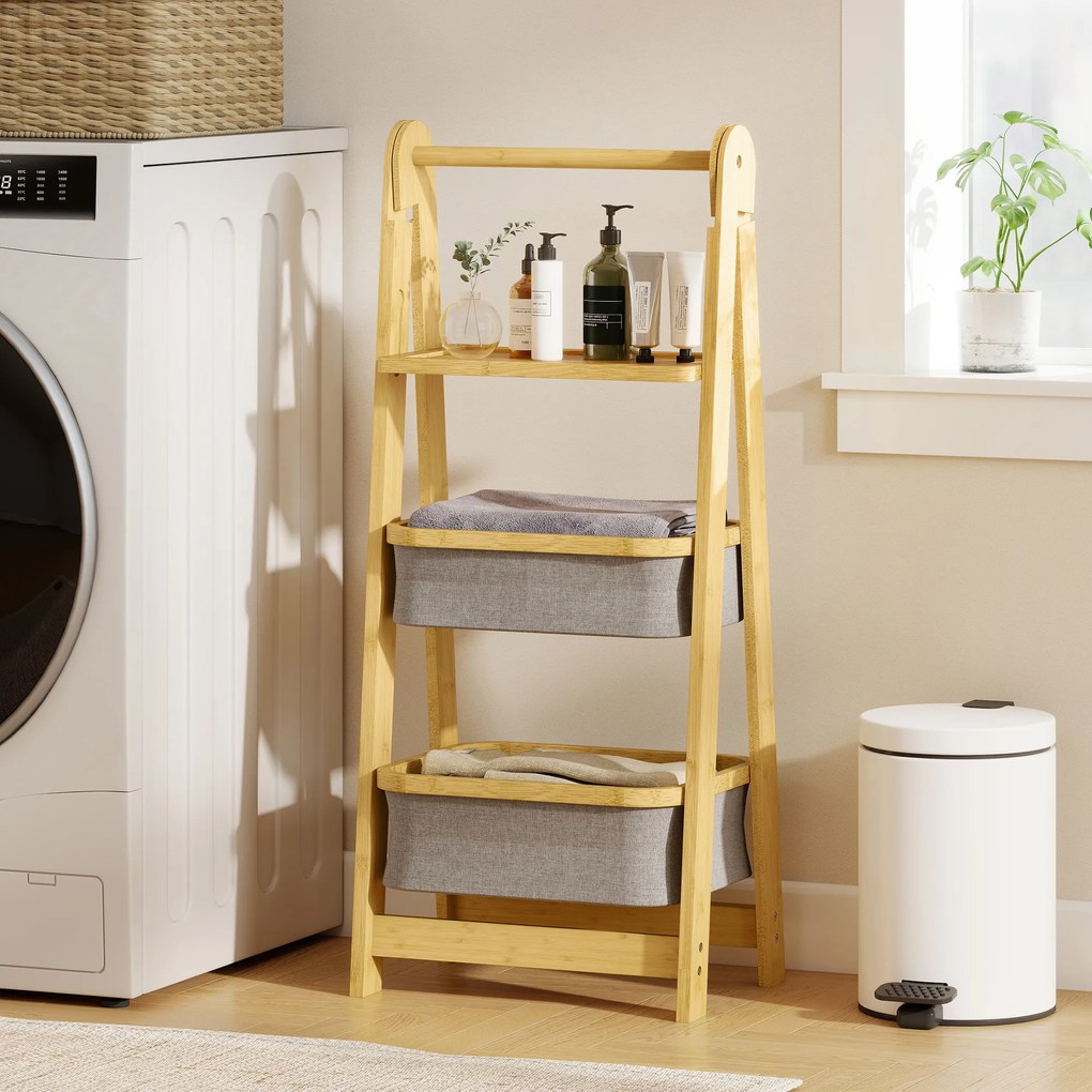 Estante Dobrável para Casa de Banho de Bambu com 2 Cestos para Roupa Suja Estante Aberto 44,5x32x99 cm Cinzento