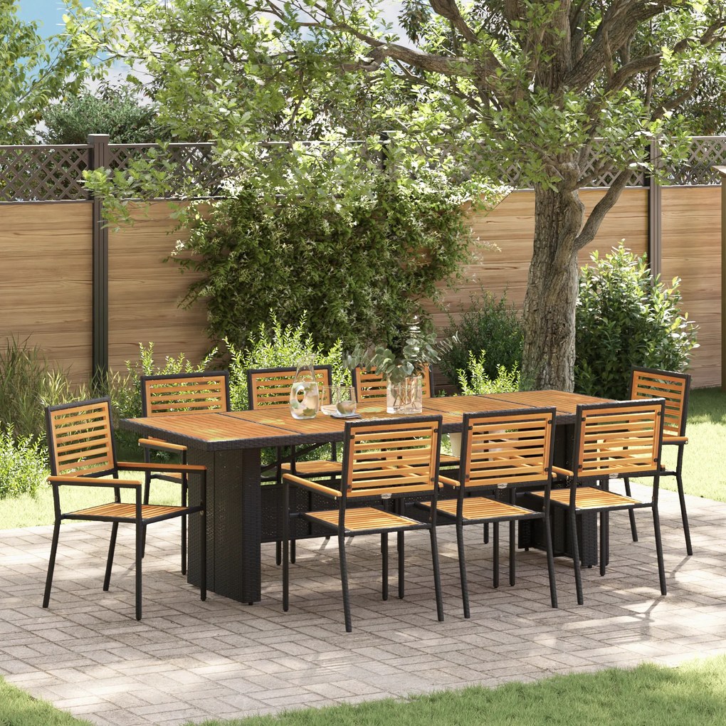 Conjunto de Jantar de Jardim vidaXL 9 Peças Preto Rattan Poliéster Acácia