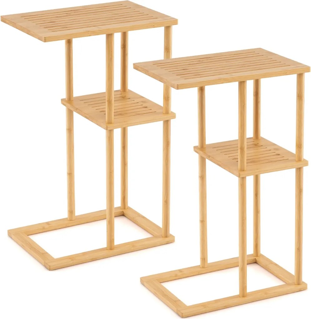 Conjunto de 2 mesas auxiliares 40 x 28 x 65 cm retangulares de bambu com prateleiras de arrumação, mesa de cabeceira em acabamento natural