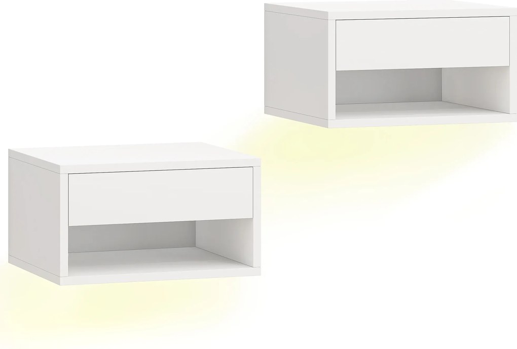 HOMCOM Conjunto de 2 criados-mudos com iluminação LED RGB, criado-mudo flutuante com gaveta e compartimento aberto, Branco | Aosom Portugal
