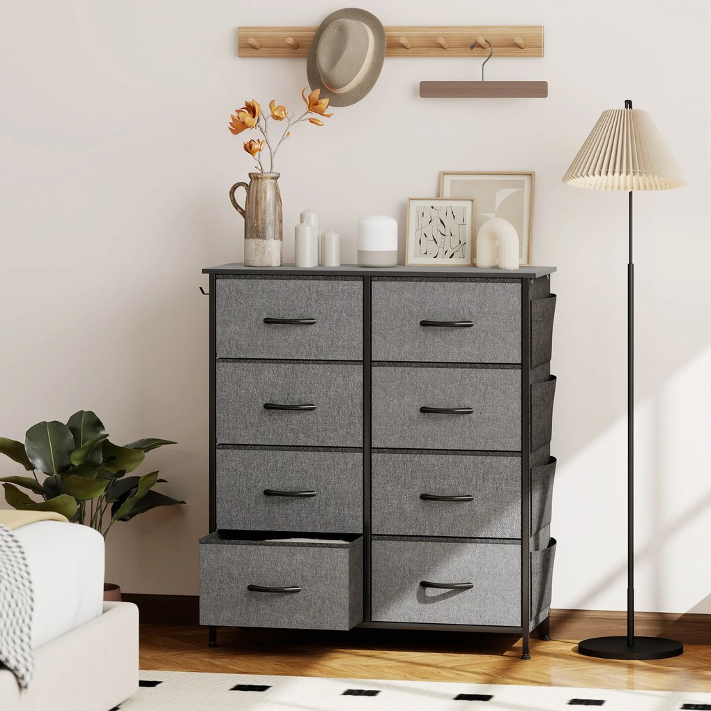 Cómoda de Arrumação, 86 x 30 x 94,5 cm, 8 Gavetas em Tecido, Cinzenta