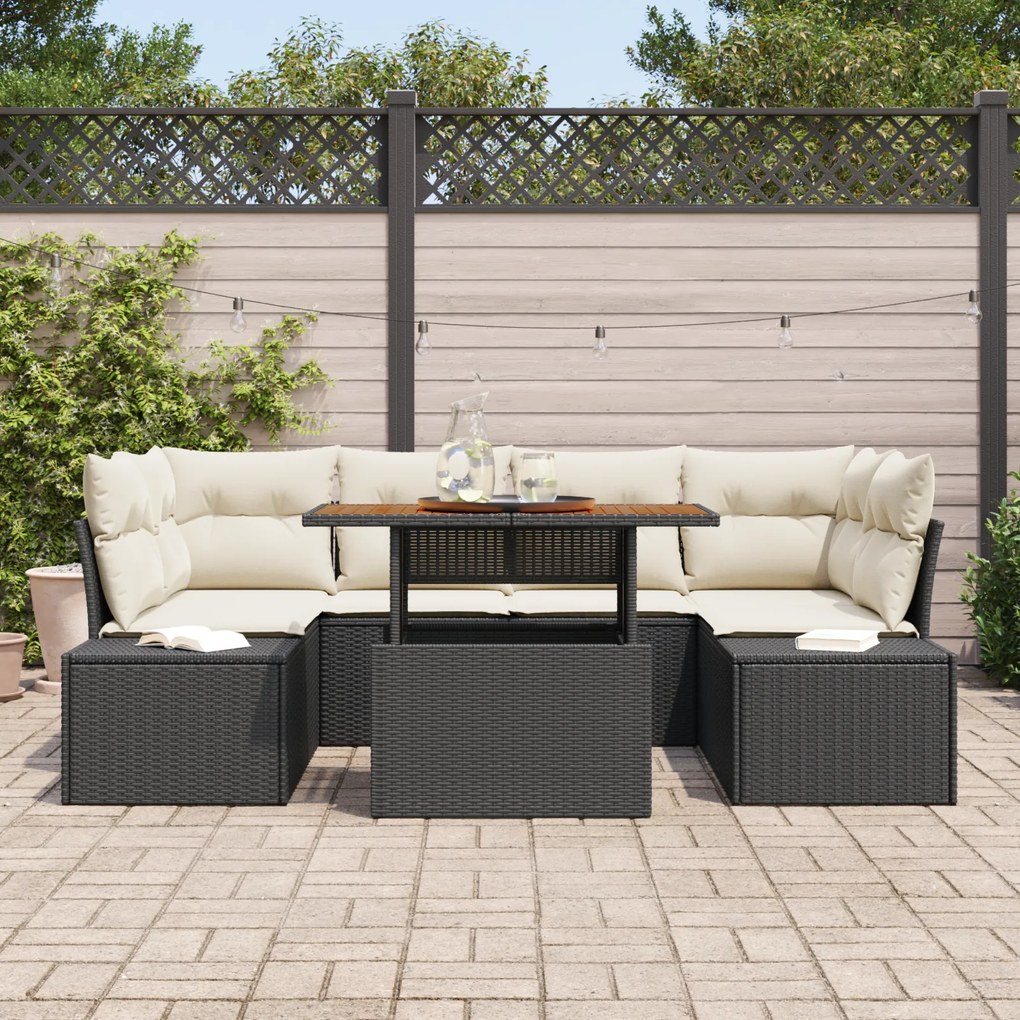 Conjunto de Sofás de Jardim de 7 Peças com Almofadas Pretas Vime Polié