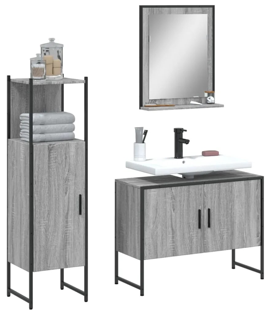 vidaXL 3 pcs conjunto móveis WC derivados de madeira cinzento sonoma