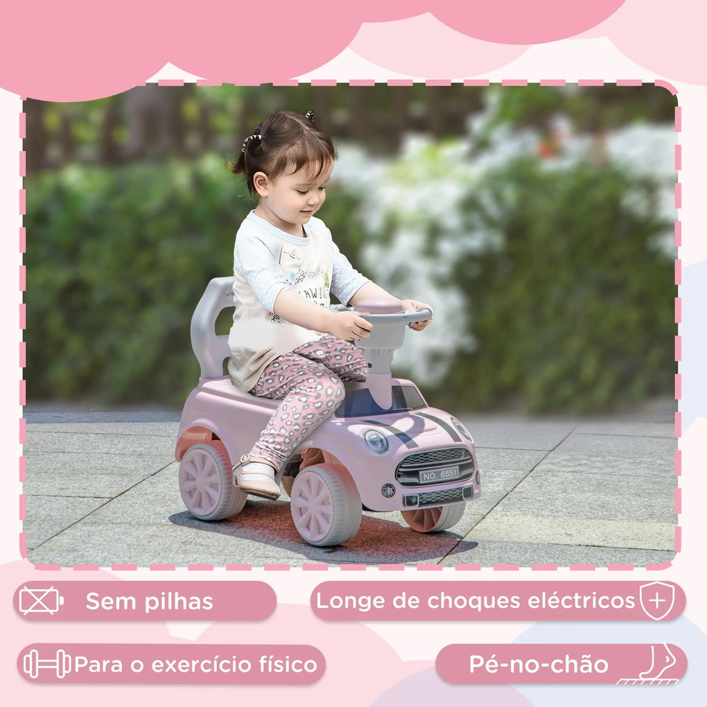 Carro Andador para Bebés de 18-36 Meses com Volante Buzina e Sistema Anti-Tombo 53x25x35 cm Rosa