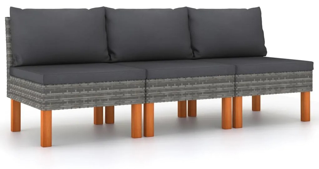 vidaXL Sofás de centro 3 pcs vime PE e madeira de eucalipto maciça