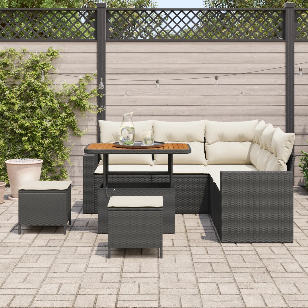 Conjunto de Sofá de Jardim com 8 Peças e Almofadas Preto Vime PE Acáci