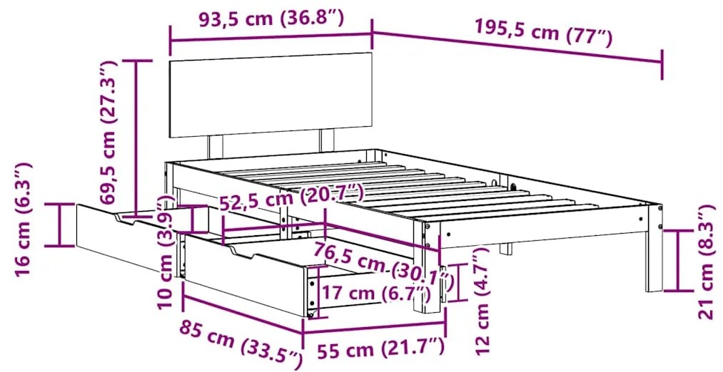 Estrutura de cama com gavetas 90x190 cm madeira de pinho maciça