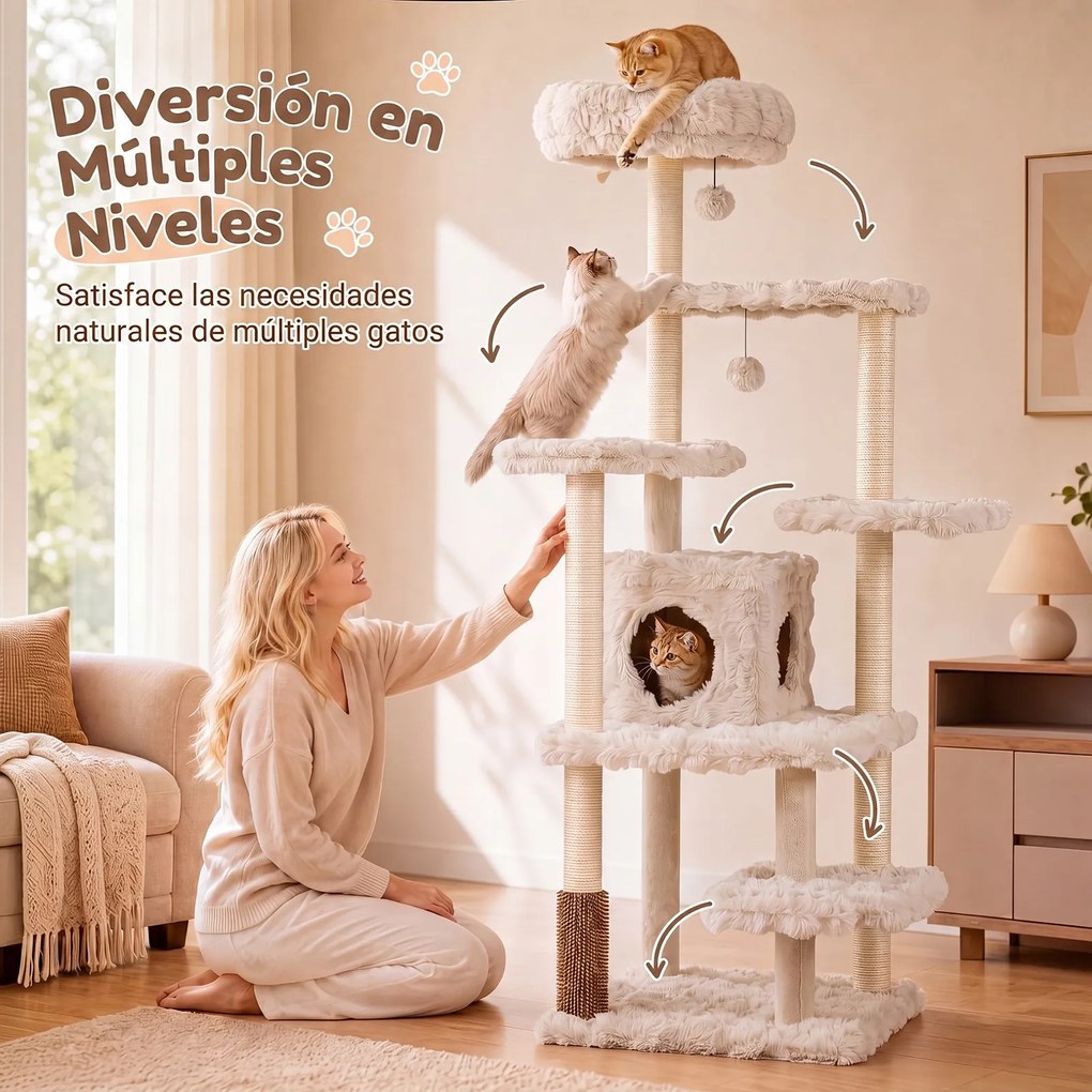 Arranhador para Gatos com Vários Níveis, 86 x 82 x 170 cm, Seis Plataformas e Casota, Bege