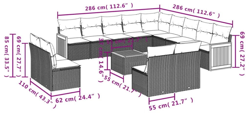 14 pcs conjunto de sofás p/ jardim com almofadões vime PE bege