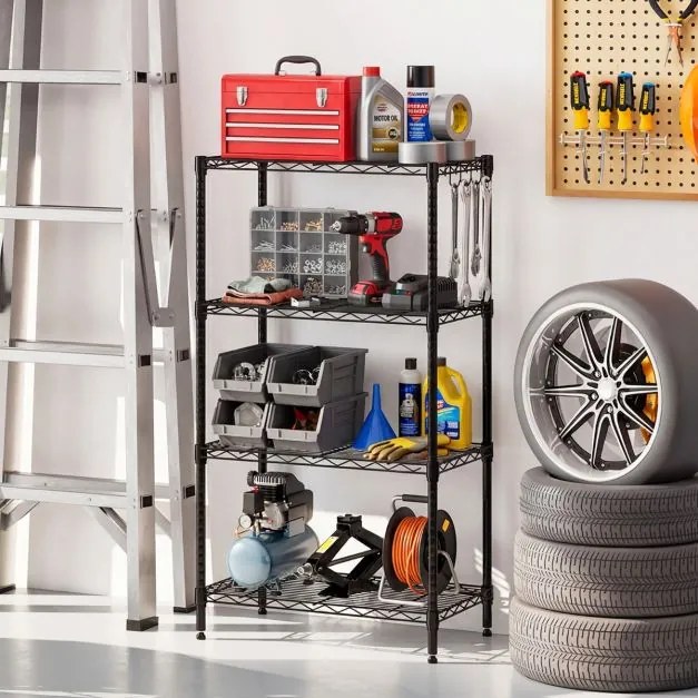 Estante metálica 59 x 34 x 108 cm ajustável de 4 níveis com grelha de arame com capacidade para 272 kg para casa, cozinha, garagem, escritório Preta