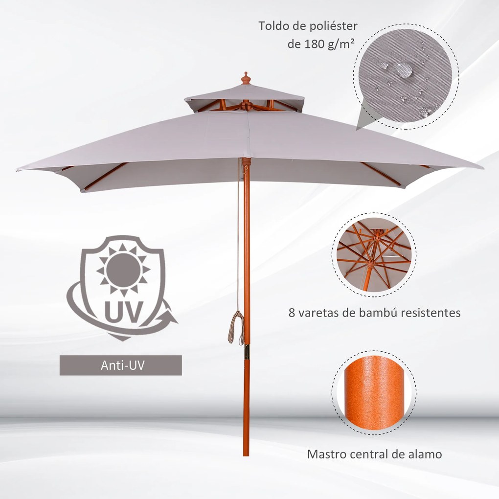 Chapéu de Sol de Jardim com Teto Duplo Sistema de Polia Toldo de Poliéster Impermeável 300x300x297cm Cinza Claro
