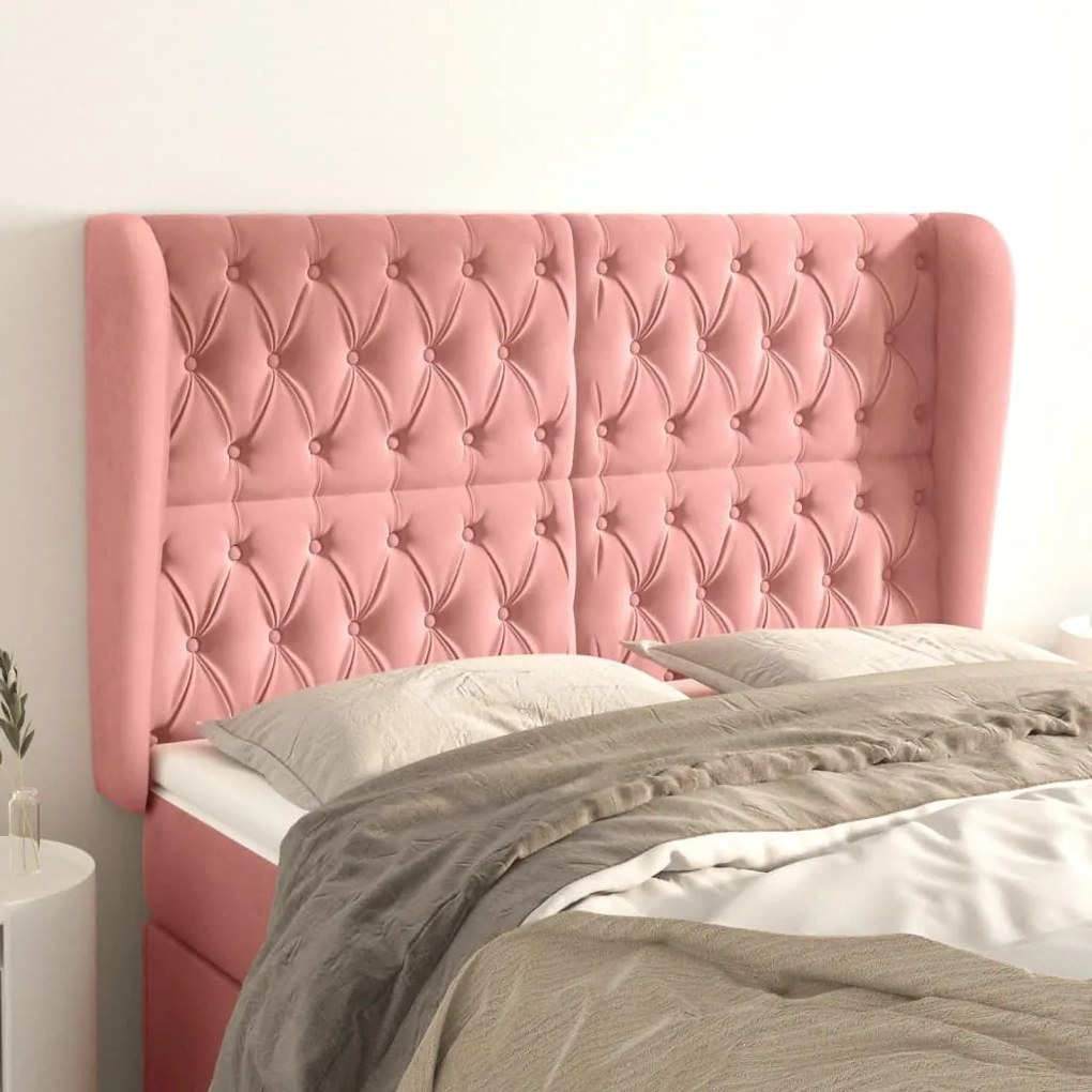 Cabeceira de cama c/ abas veludo 147x23x118/128 cm rosa