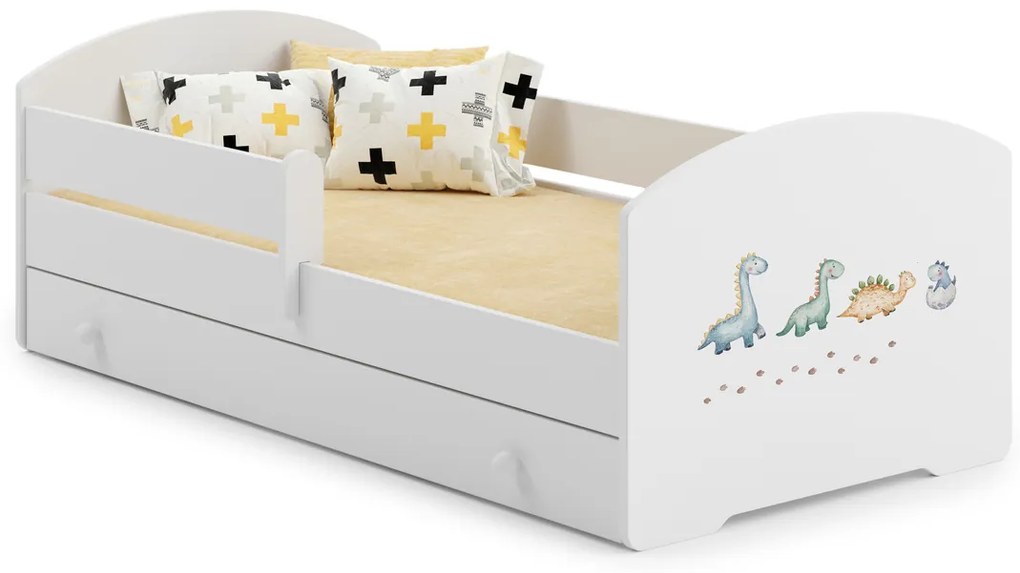 Cama infantil branca LUK dinossauros 160x80 com gaveta - colchão e estrado incluído