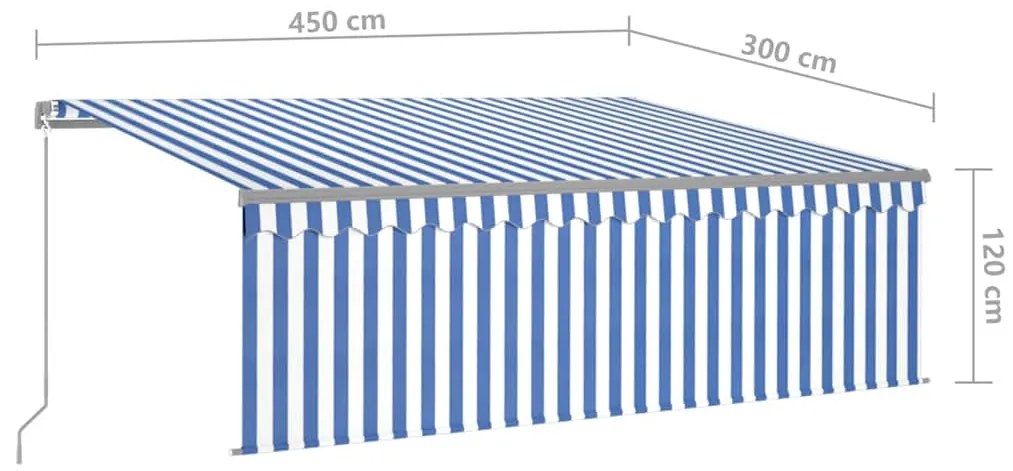Toldo retrátil manual com estore/LED 4,5x3 m azul e branco