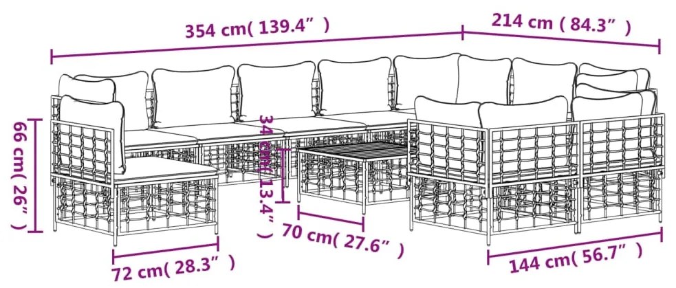11pcs conjunto lounge de jardim c/ almofadões vime PE antracite
