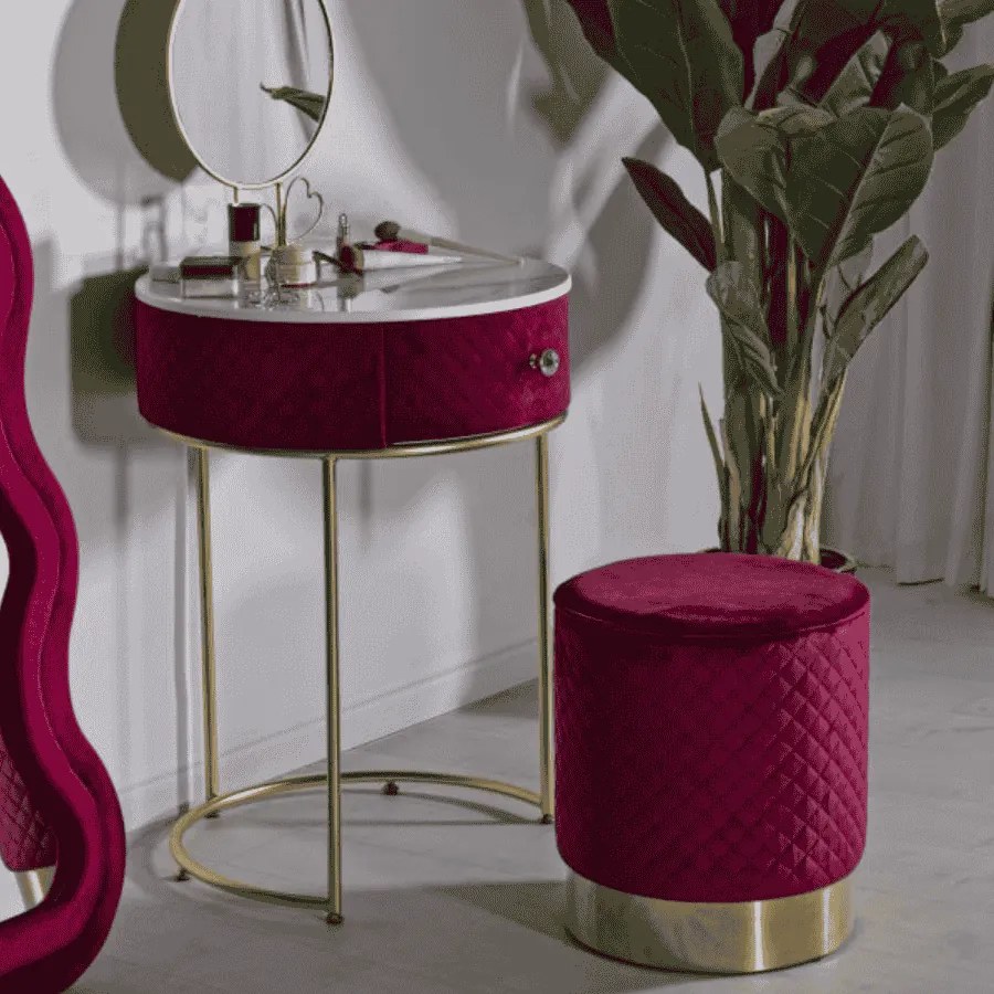 MESA DE CABECEIRA/TOCADOR COM PUFF Ø 52x70 - 36x39 CM VERMELHO E DOURADO