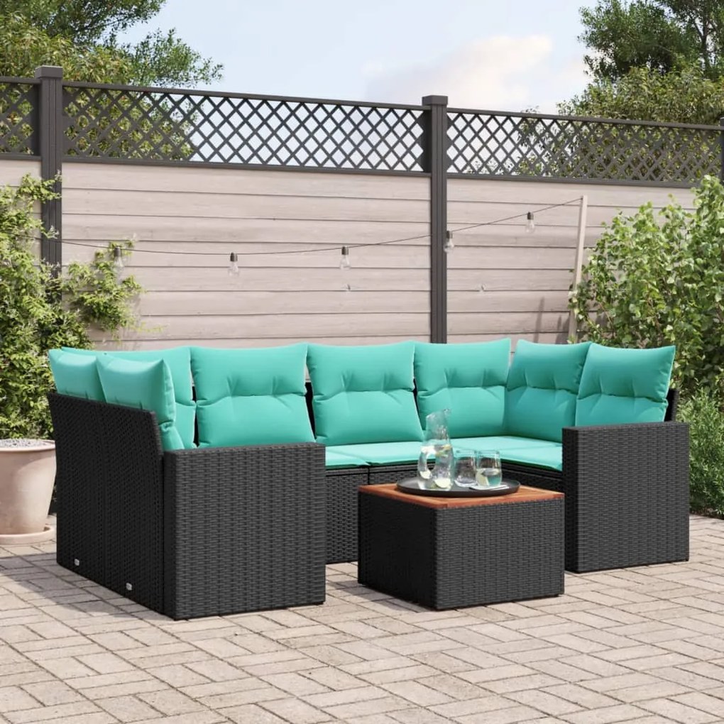 vidaXL 7 pcs conjunto de sofás p/ jardim c/ almofadões vime PE preto