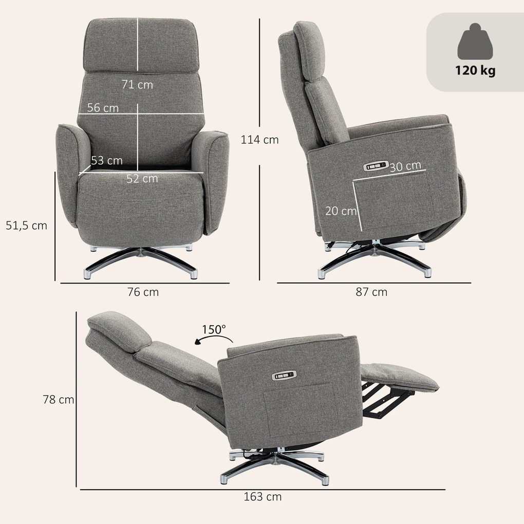 Poltrona Relaxante Elétrica Giratória, 87 x 76 x 114 cm, Apoio de Cabeça Regulável, Cinzenta