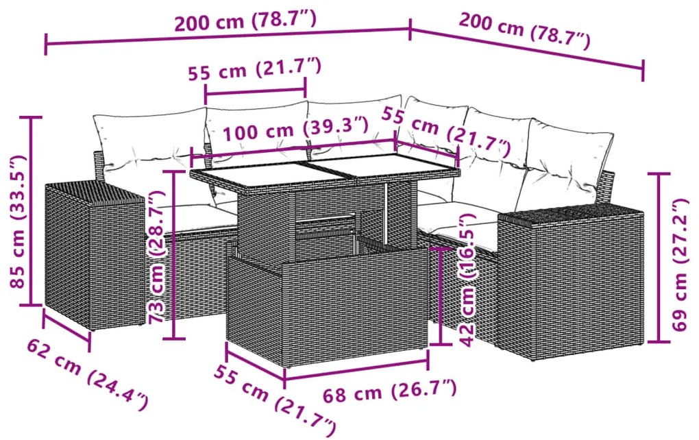 6 pcs conjunto sofás de jardim com almofadões vime cinzento