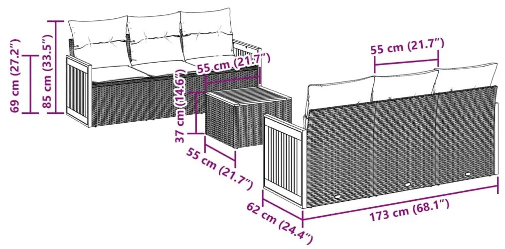 7 pcs conjunto de sofás p/ jardim com almofadões vime PE bege