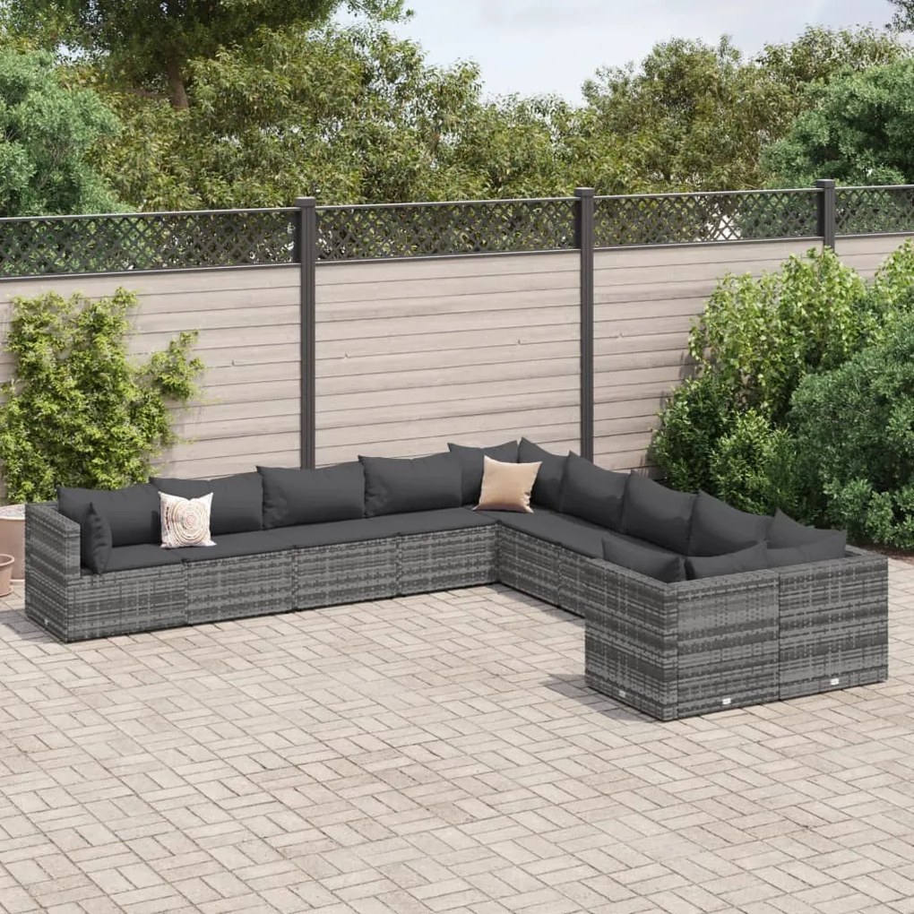 vidaXL 10 pcs conjunto sofás de jardim c/ almofadões vime PE cinzento