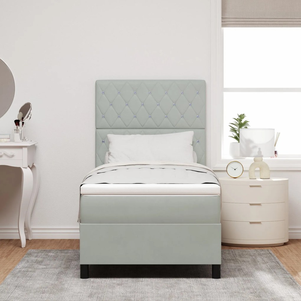 Cama Box Spring com Colchão Cinza Claro 90x200 cm Veludo