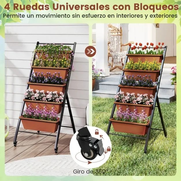 Floreira Escada 57 x 74 x 132 cm de 5 níveis com suporte metálico para vasos de jardim escalonado com rodas bloqueáveis e fileiras de orifícios de dre