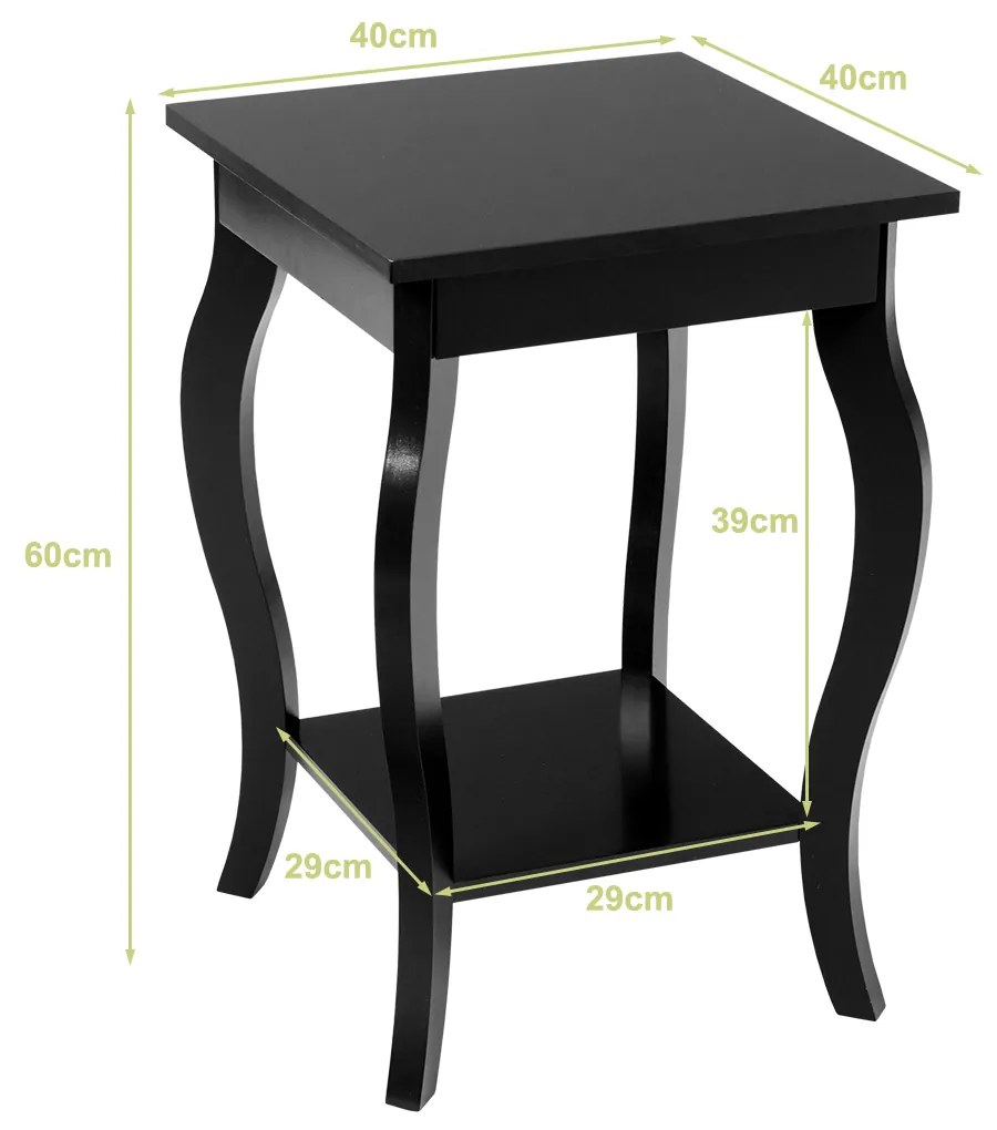 Conjunto de 2 mesas-de-cabeceira com 2 níveis e pernas curvas Mesas de cabeceira para quarto, sala de estar e quarto familiar 40 x 40 x 60 cm Preto