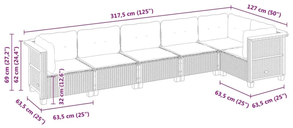 6 pcs conjunto sofás de jardim c/ almofadões vime PE preto