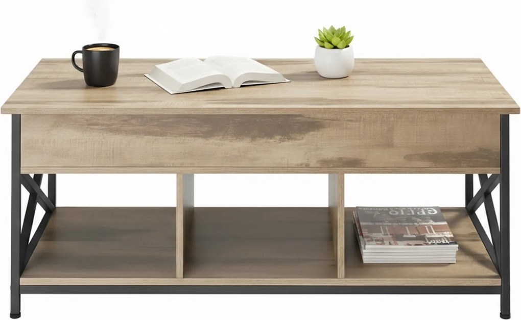 Mesa de centro com espaço de arrumação aberto e oculto 60 x 120 x (48-62) castanho camelo-preto