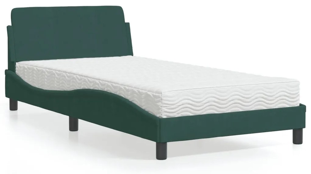 vidaXL Cama com colchão 100x200 cm veludo verde-escuro