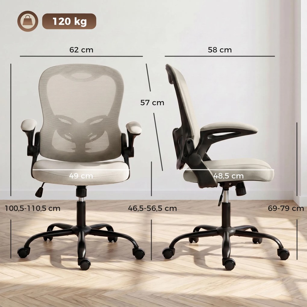 Cadeira de escritório ergonómica, cadeira de escritório em malha, braços rebatíveis, altura ajustável bege