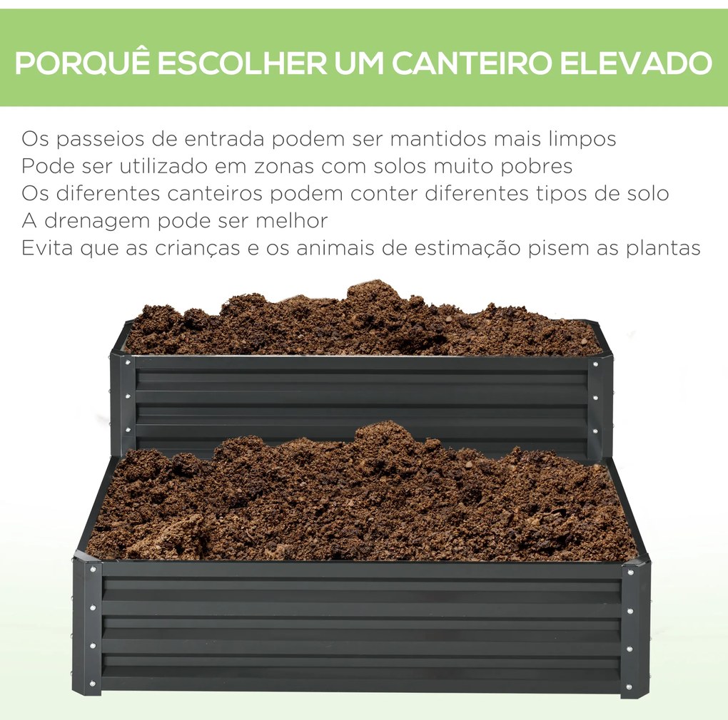 Caixa de Plantação de 2 Níveis Floreira Exterior de Aço com Desenho de Escada para Cultivos 120x101x58 cm Cinza Escuro