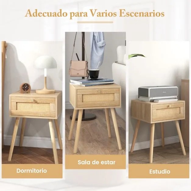 Conjunto de 2 mesas de cabeceira Boho com decoração em rattan tecido à mão para o quarto e a sala de estar 40 x 40 x 55 cm Natural