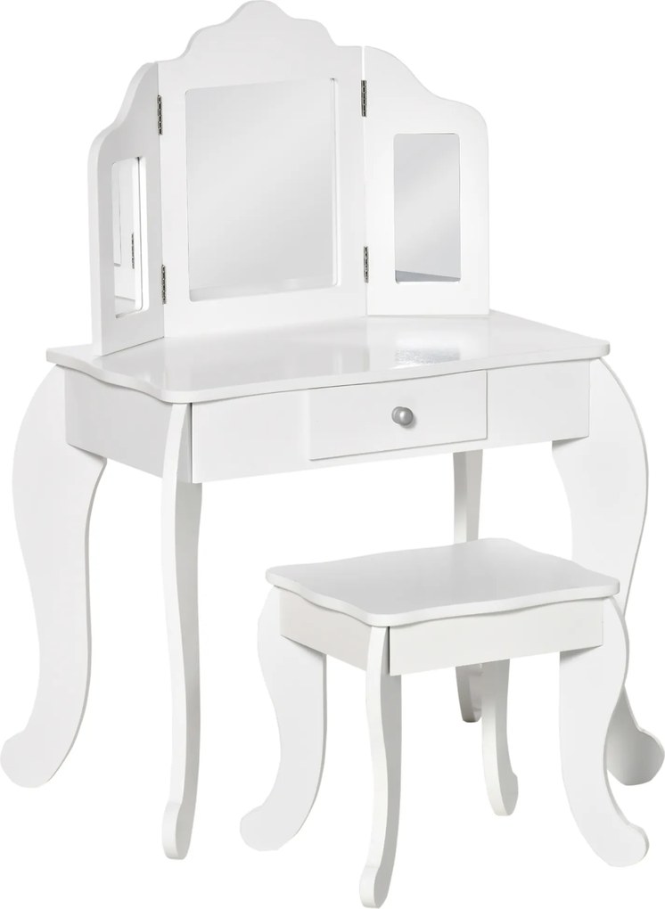 HOMCOM Penteadeira Infantil com Banqueta, Penteadeira 2 em 1 com Espelho Triplo e Gaveta Deslizante - Dim. 63L x 40l x 85,5H cm - Branco Acrílico | Aosom Portugal