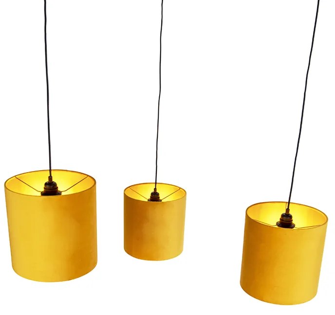 Candeeiro de suspensão com 3 abajures de veludo amarelo com dourado - Cava Country / Rústico
