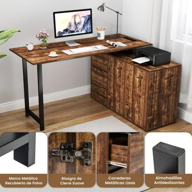 Secretária em forma de L com arquivo e tomada elétrica de canto reversível de 138 cm com 3 gavetas Mesa castanha