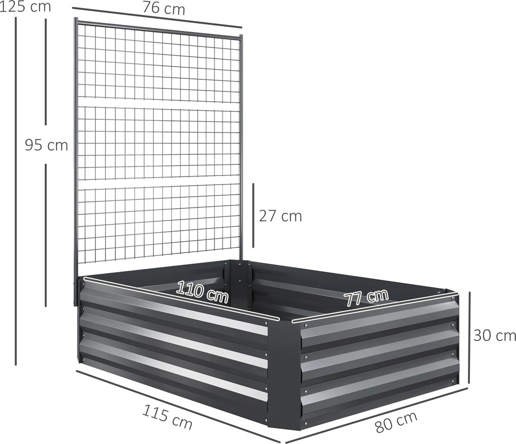 Caixa de Plantação de Aço Galvanizado com Treliça para Plantas Trepadeiras e Fundo Aberto 80x115x125 cm Cinza Escuro