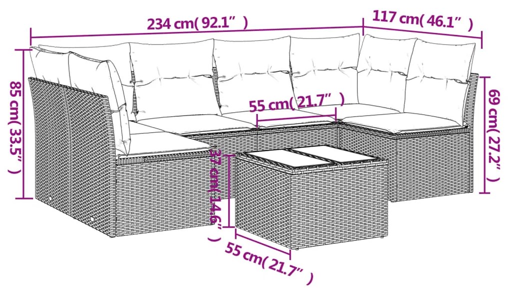 7 pcs conjunto de sofás p/ jardim c/ almofadões vime PE preto